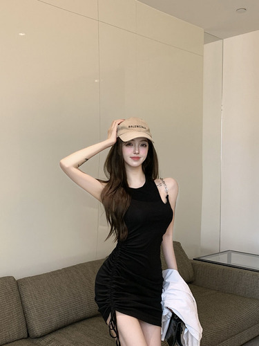 Real price hot girl off shoulder dress women's hollow high waist slim air bag hip drawstring skirt