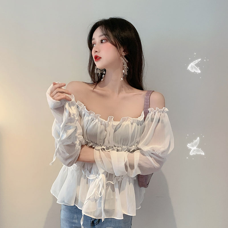 Real price! White super fairy multi-layer lace perspective top with one line collar and two exposed collarbone chiffon shirt 992