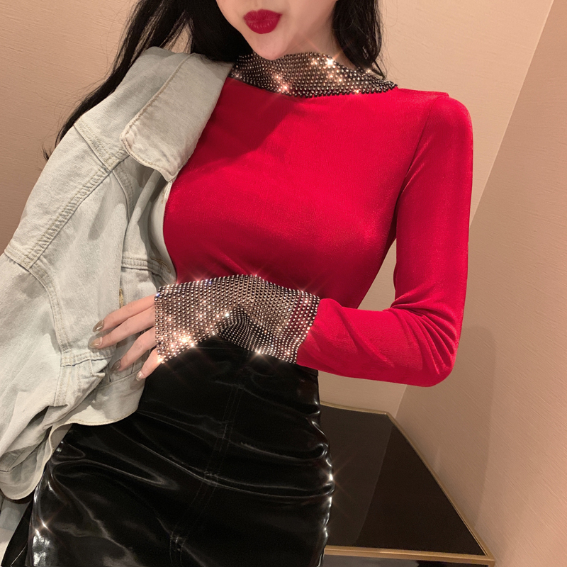 Real price long sleeve slim and shiny stitching design t-shirt bottom coat