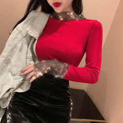 Real price long sleeve slim and shiny stitching design t-shirt bottom coat