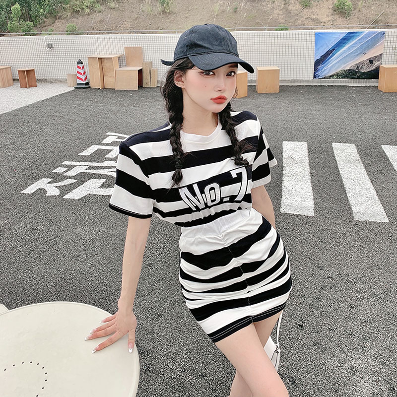 Real price! Striped letter Casual Short T-shirt + high waist pleated skirt sports suit 1076