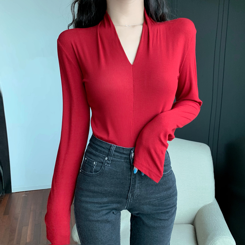 Real price! V-neck for slim and versatile slim fit long sleeve elastic sexy T-shirt with bottom layer for women's top