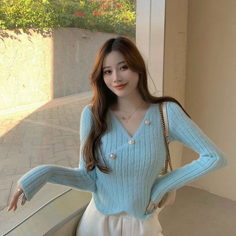 Real shot real price collar Pullover thin split irregular sweater pit stripe solid color t-shirt female