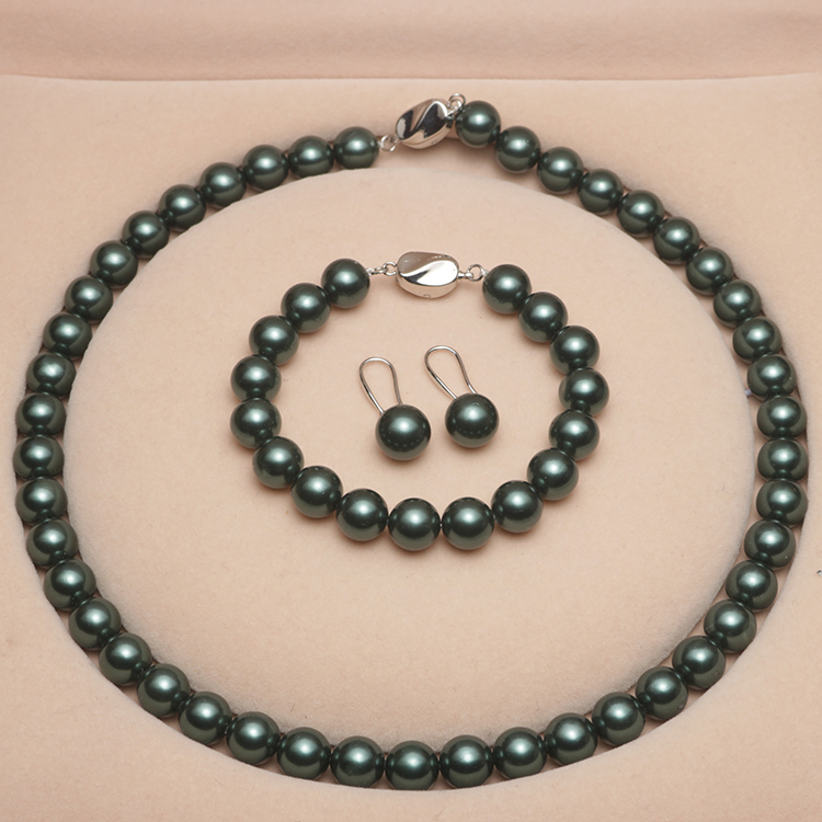 深海贝壳珍珠套装 正圆孔雀绿贝珠项链手链耳钉首饰三件套送妈妈