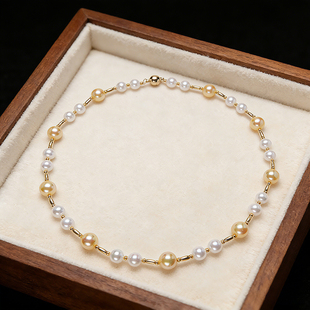 轻奢撞色贝壳珍珠项链金珠白珠拼接设计复古优雅贝珠颈链送礼款