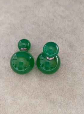 经典绿玛瑙双珠耳钉前后大小可拆分玛瑙耳堵S925