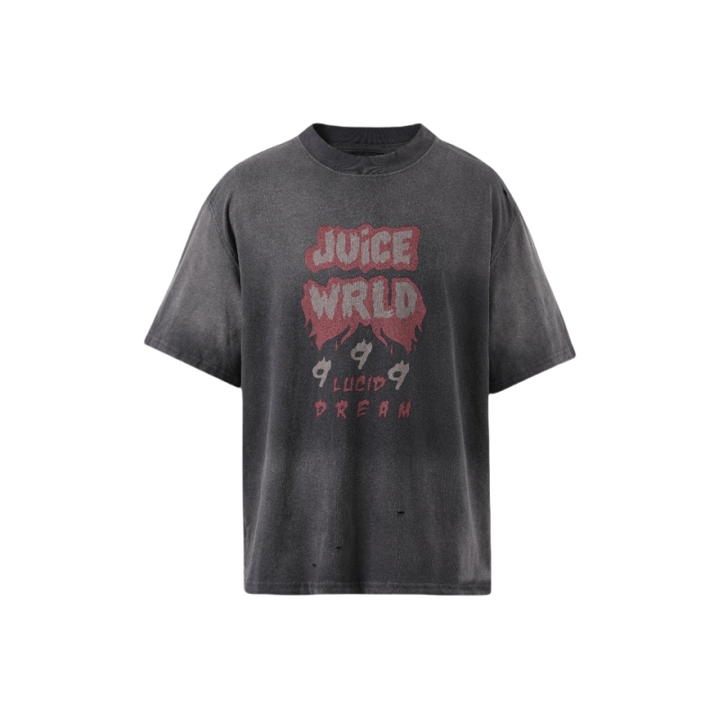 Juice WRLD SS25复古火焰满背铭文洗水做旧短袖T恤