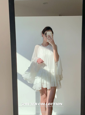 RUIER-Nana千层皎月6米用料雪纺花边长袖连衣裙有吊带内衬飘逸女