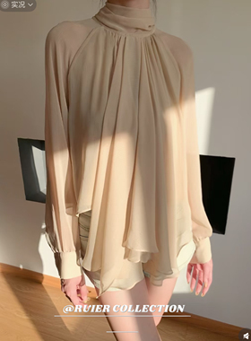 RUIER-中古款定染仿真丝秋季优雅度假系列法式减龄慵懒飘带衬衫女