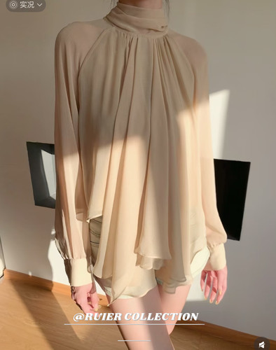 RUIER-中古款定染仿真丝秋季优雅度假系列法式减龄慵懒飘带衬衫女