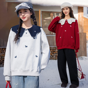 娃娃领上衣青少年刺绣打底衫初中女童卫衣春秋装中大童大码宽松