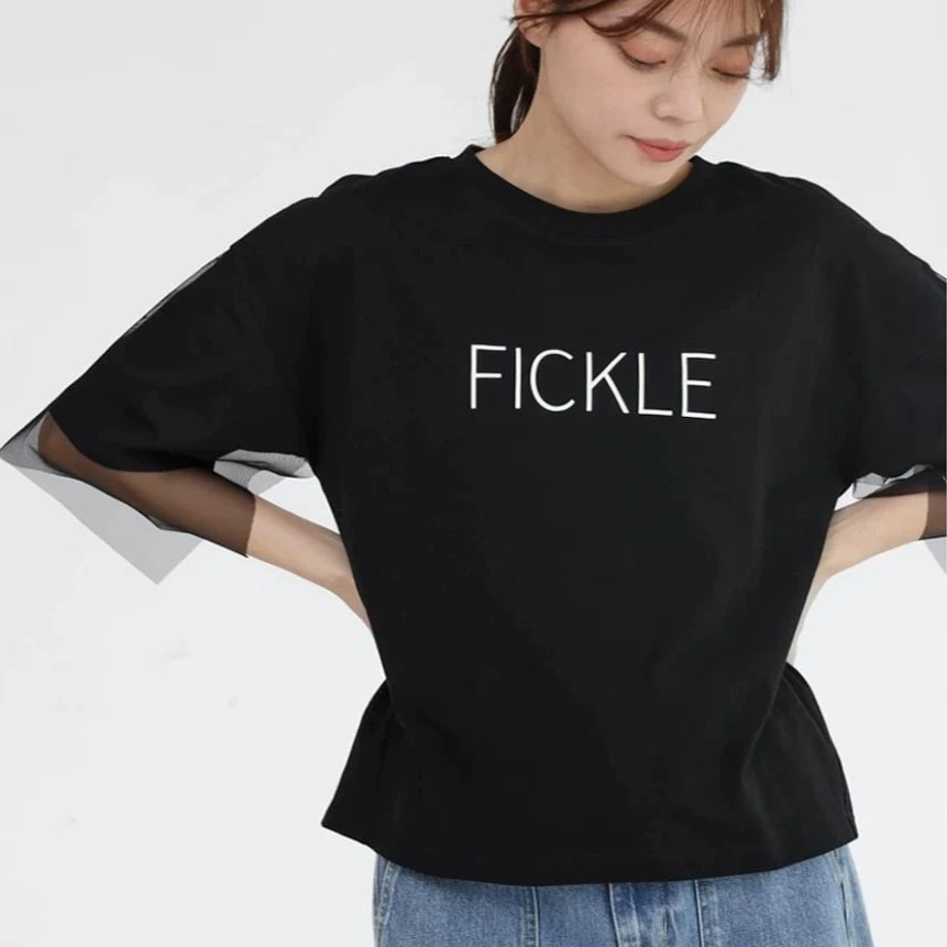 日本纯原网纱袖字母女士短袖T恤