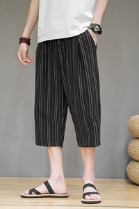 2023夏季新款条纹棉麻风休闲男裤宽松七分裤D723P55图片
