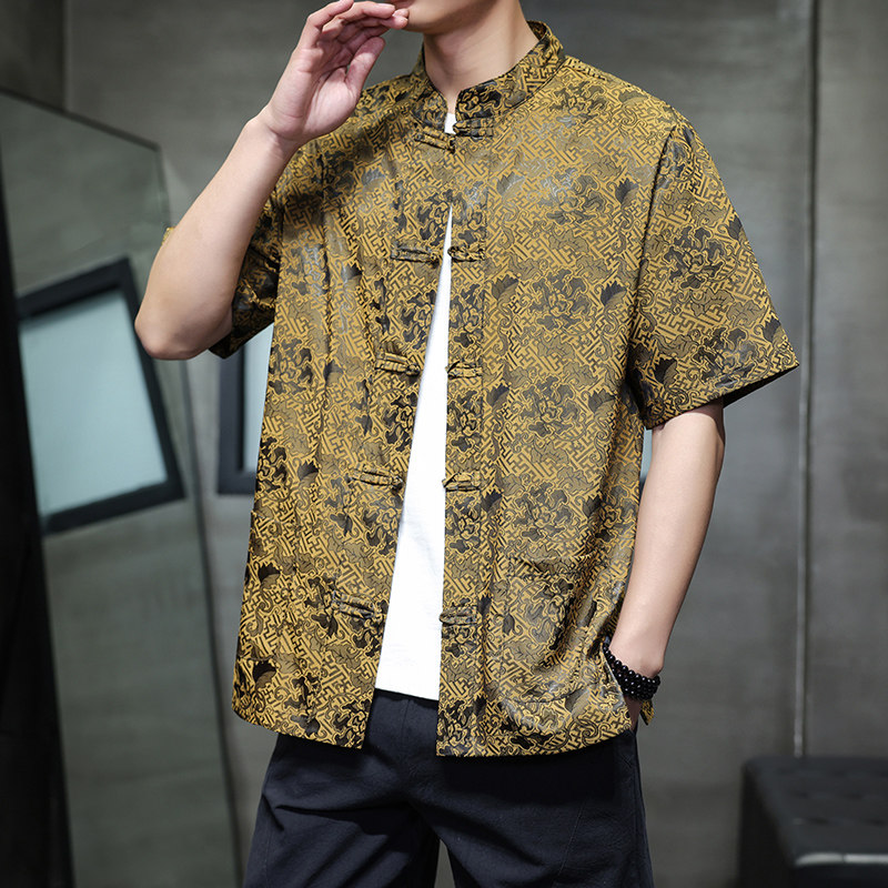 2025新款新中式风几何提花冰丝短袖男衬衫D1101P65,男装衬衫,星座312B-2