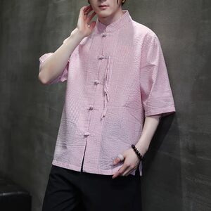 2025男款风条纹衬衫夏季盘扣衬衣棉麻短袖D917P50图片
