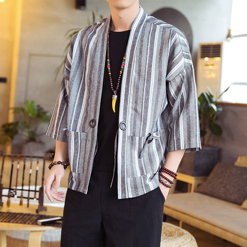 亚麻汉服男棉麻外套风复古道袍和服开衫夏季防晒服潮D553P65,男装针织衫/毛衣,星座312B-2
