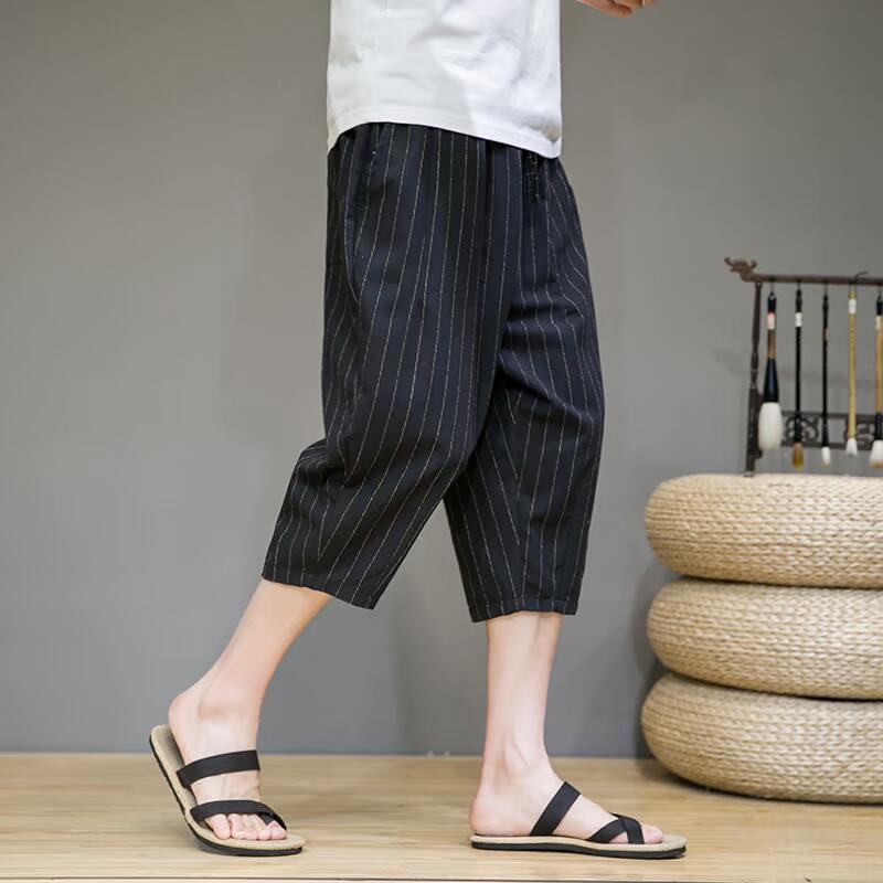 亚麻七分裤男夏季宽松条纹裤子风棉麻休闲裤D724P55,男装休闲裤,星座312B-2
