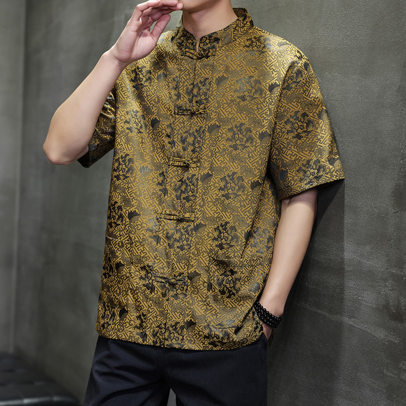 2025新款风几何提花冰丝手工盘扣短袖男衬衫D1101P65，男装衬衫，星座312B-2