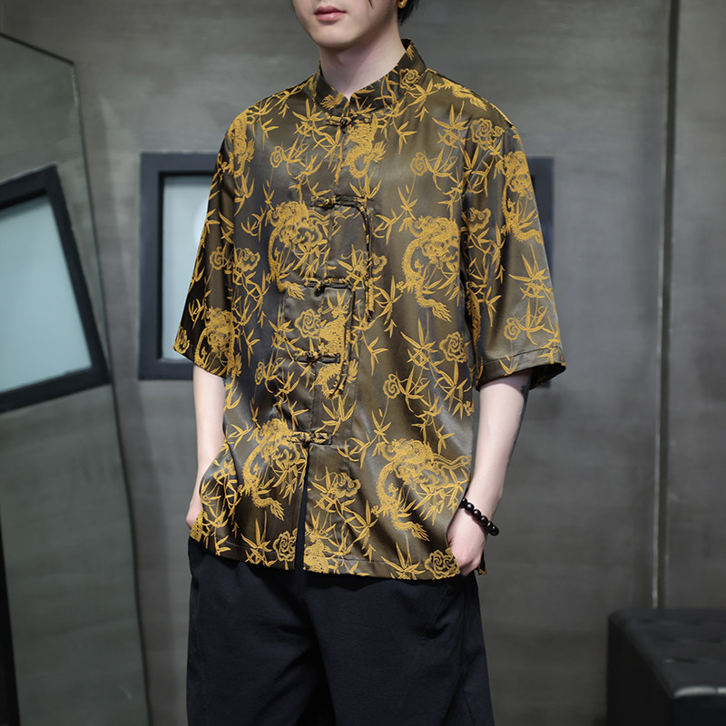 夏季风冰丝短袖衬衫男士休闲盘扣唐装提花中袖衬衣男D915P65,男装衬衫,星座312B-2