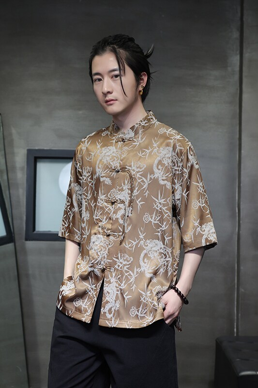 夏季风冰丝短袖衬衫男士休闲盘扣唐装提花中袖衬衣男D915P65,男装衬衫,星座312B-2