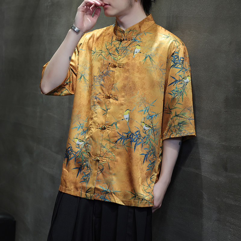 新中式唐装男风夏季薄款提花短袖衬衫盘扣冰丝衬衣D928P70,男装民族服装,星座312B-2