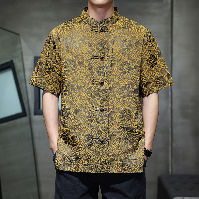 2025新款风几何提花冰丝手工盘扣短袖男衬衫D1101P65,男装衬衫,星座312B-2