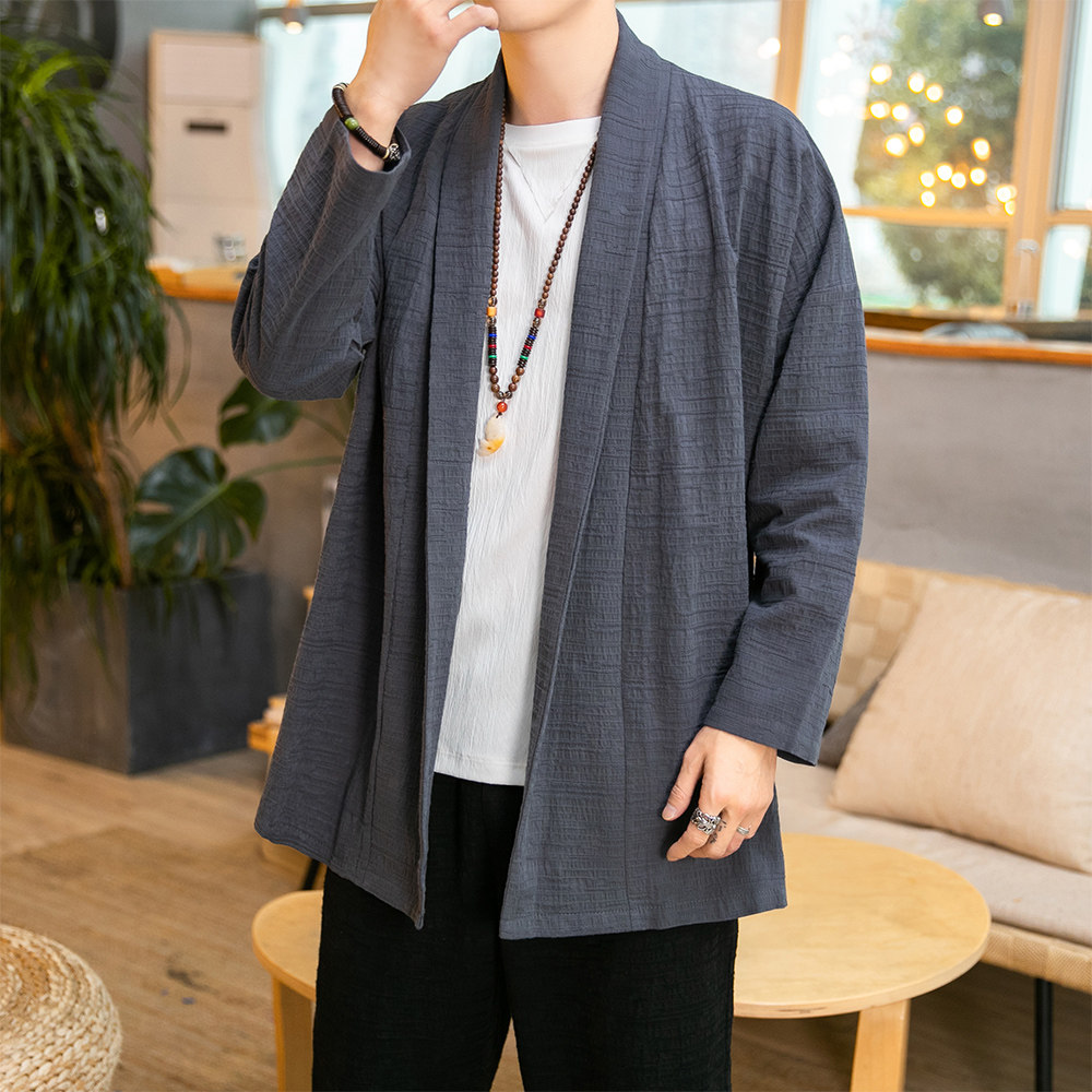 秋季男开衫外套宽松风立体暗纹汉服亚麻长袖披风秋衣D610P75图片