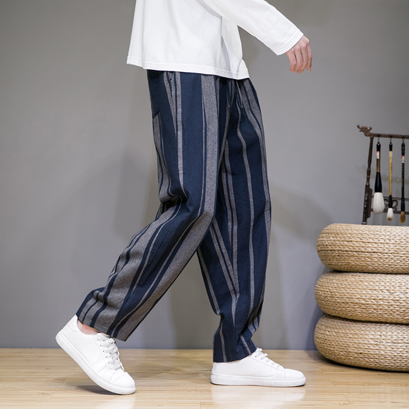棉麻裤子男春秋季风男装复古潮流大码条纹休闲长裤D783P65，男装休闲裤，星座312B-2