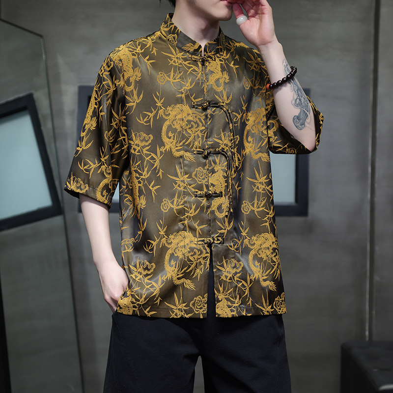 夏季风冰丝短袖衬衫男士休闲盘扣唐装提花中袖衬衣男D915P65,男装衬衫,星座312B-2