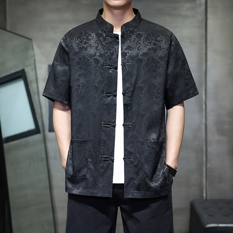 2025新款风几何提花冰丝手工盘扣短袖男衬衫D1101P65,男装衬衫,星座312B-2