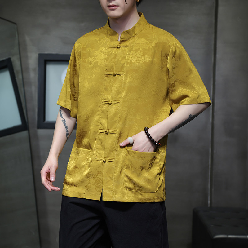 男提花夏季盘扣宽松衬衫新中式风短袖暗纹休闲上衣D916P65,男装民族服装,星座312B-2