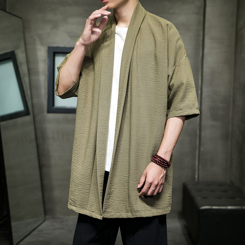 2023夏季新风冰丝棉麻短袖微皱风格男士开衫披肩外套D854P65,男装民族服装,星座312B-2