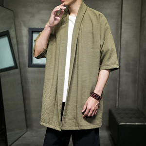 2023夏季新风冰丝棉麻短袖微皱风格男士开衫披肩外套D854P65图片