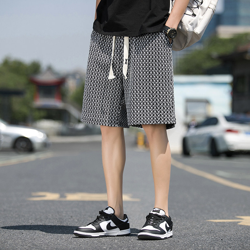 2023男韩版潮流日系五分裤男青年运动几何提花短裤休闲裤D846P45,男装休闲裤,星座312B-2
