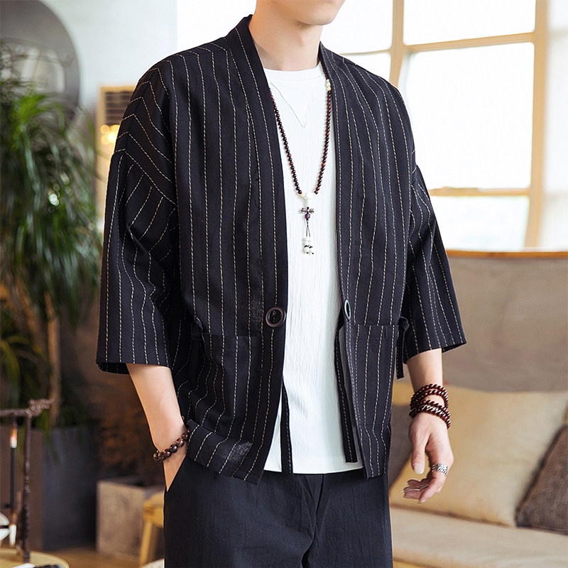 21春季新款风条纹七分袖男士开衫D554P60图片