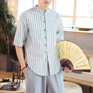 夏风短袖条纹衬衫男士棉麻唐装中式复古盘扣立领衬衣D541P50图片