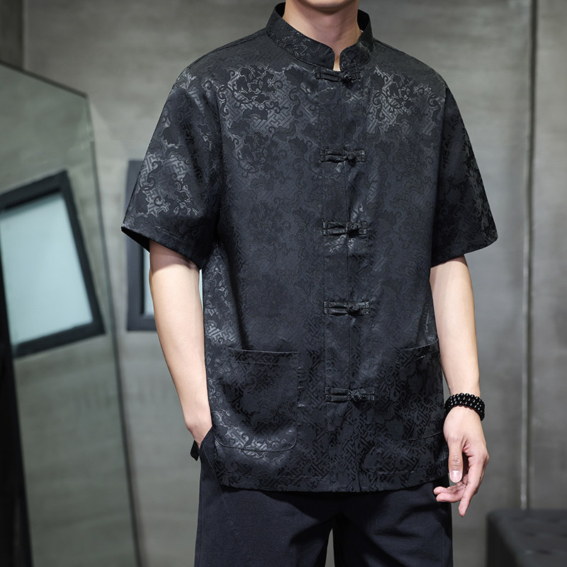 2025新款风几何提花冰丝手工盘扣短袖男衬衫D1101P65,男装衬衫,星座312B-2