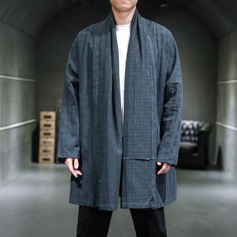 21秋季风开衫复古堆堆领亚麻长袖开衫防晒披风男外套D747P100图片