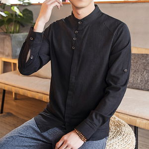 20秋季小立领中国风衬衫亚麻透气长袖衬衫个性明暗扣门禁D252P30图片