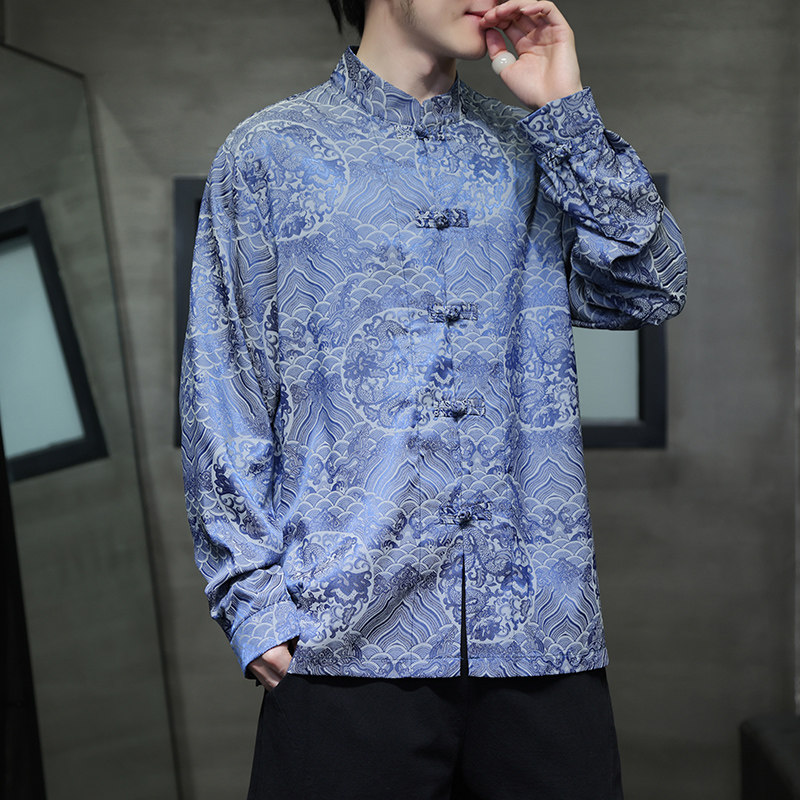 长袖秋季中国风常规春秋提花衬衫中式外套复古宽松大码男士春秋,男装民族服装,星座312B-2