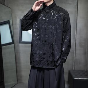 新中式男装风蝴蝶提花立领上衣春新款衬衣改良汉服D101P75图片