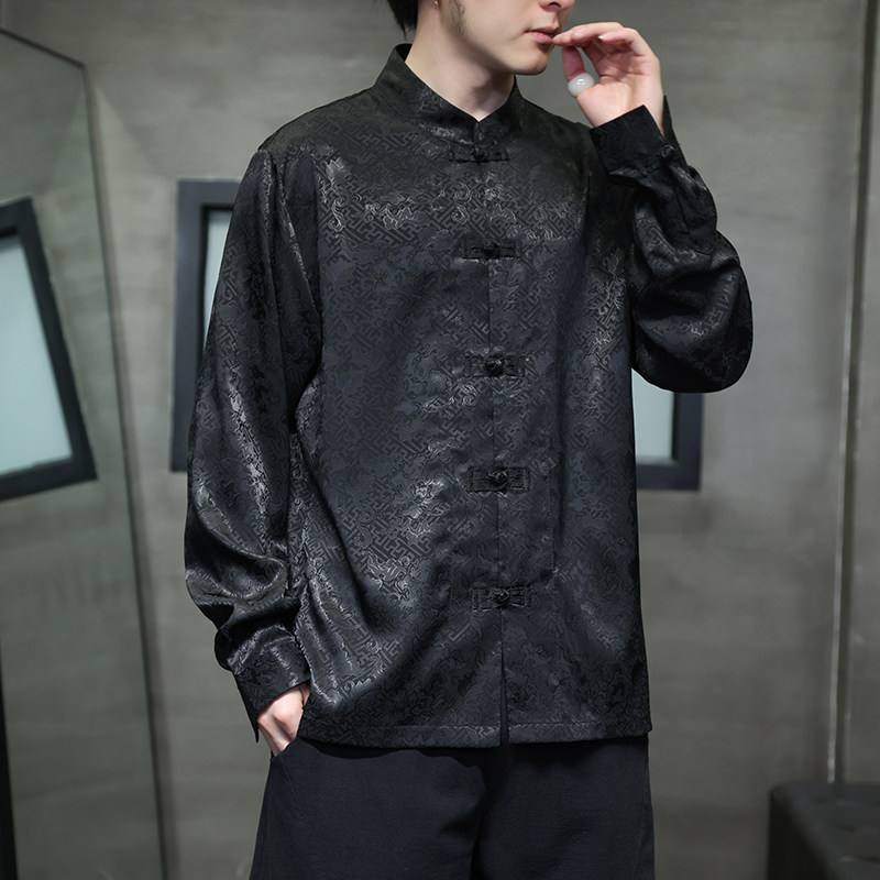 新中式立领盘扣长袖衬衫男唐装春秋季潮外套中风宽松D914P70,男装民族服装,星座312B-2