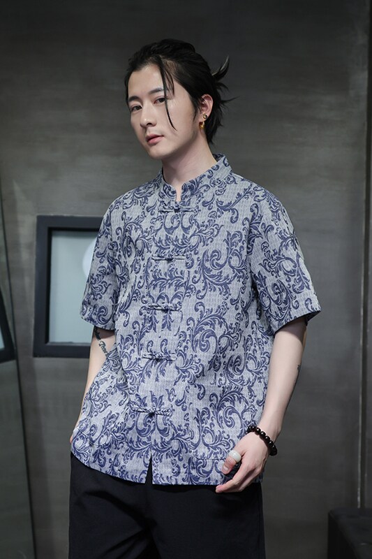 唐装男夏季短袖棉麻衬衫风盘扣中袖衬衣D920P55,男装衬衫,星座312B-2