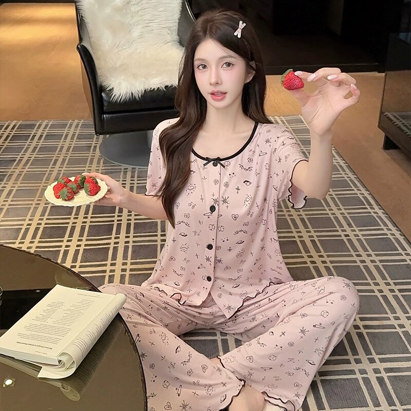 莫代尔睡衣女夏短袖长裤两件套装