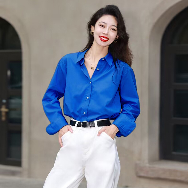 克莱因蓝衬衫女港味复古宽松衬衫 设计感纯色开衫衬衣宝蓝色上衣