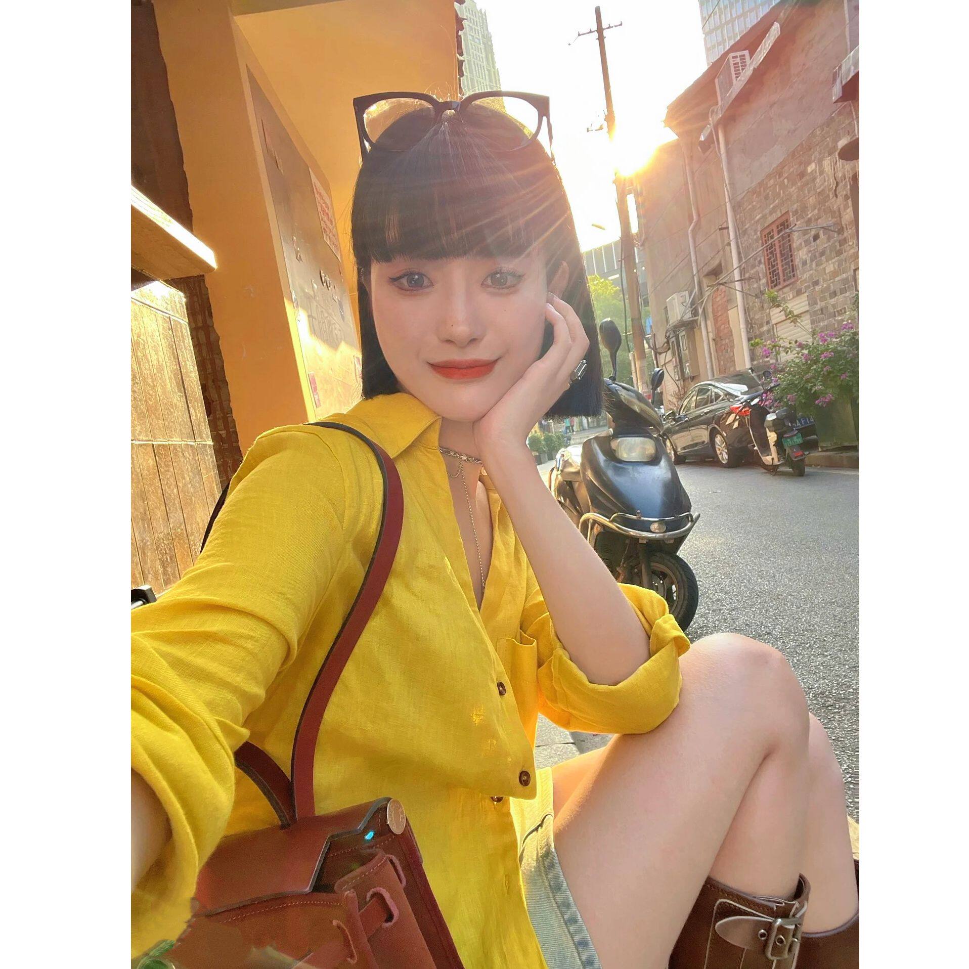 显白柃檬黄宽松设计感衬衫防晒吸汗衬衣春秋单穿衬衣外套大码上衣