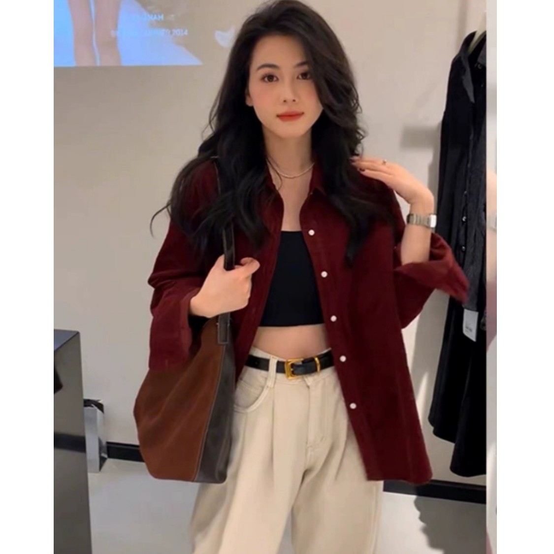 【秋冬爆火色系】安可拉红灯芯绒衬衫女设计感中长款加厚衬衣酒红