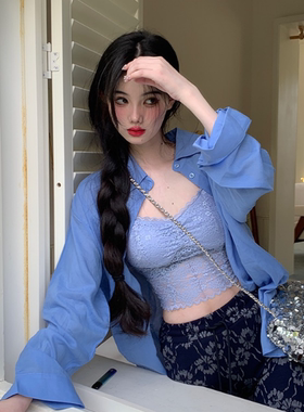 【没有风格限制】蓝色衬衫女 春秋长袖衬衣设计感小众韩版宽松上