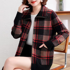 2023秋季新款妈妈装格子拉链休闲开衫宽松夹克女装外套加厚韩版