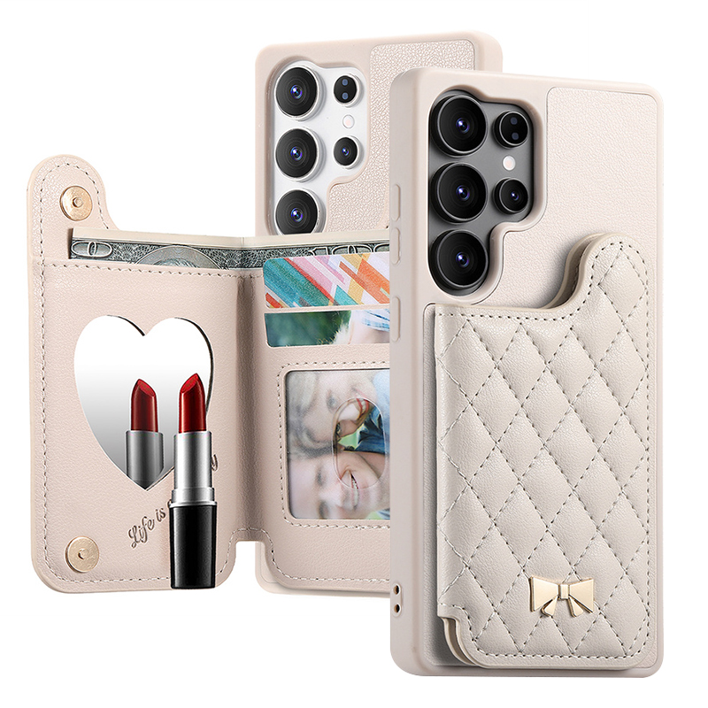 菱格小香风适用三星s25ultra手机壳带钱包s24plus卡包一体Galaxy十补妆镜子a56放卡a36插卡式a16收纳包edge套